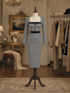 Vintage Houndstooth Square Neck Jacket & Bodycon Two‑Piece Midi Skirt Set