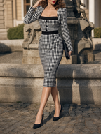 Vintage Houndstooth Square Neck Jacket & Bodycon Two‑Piece Midi Skirt Set