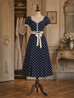 Vintage Polka Dot Lace V‑Neck Puff Sleeve Fit & Flare Midi Dress
