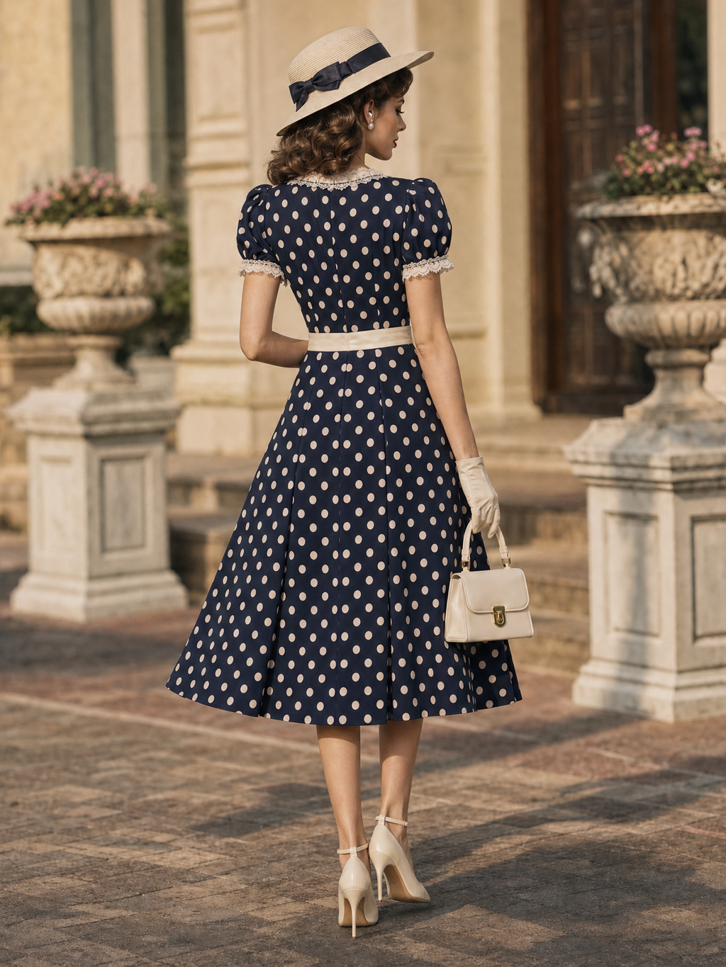 Vintage Polka Dot Lace V‑Neck Puff Sleeve Fit & Flare Midi Dress