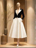 Vintage Black Blazer & Ivory A-Line Skirt Set