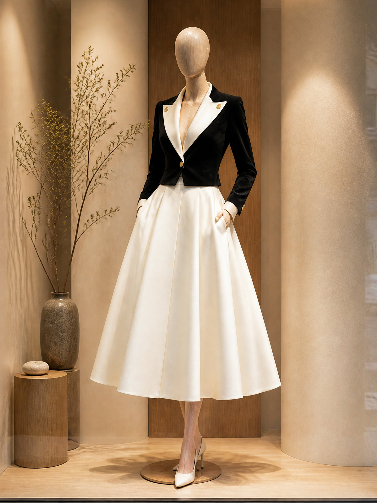 Vintage Black Blazer & Ivory A-Line Skirt Set