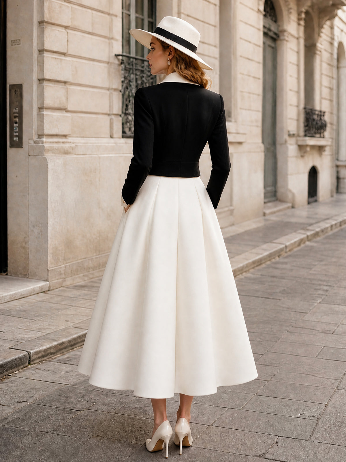 Vintage Black Blazer & Ivory A-Line Skirt Set