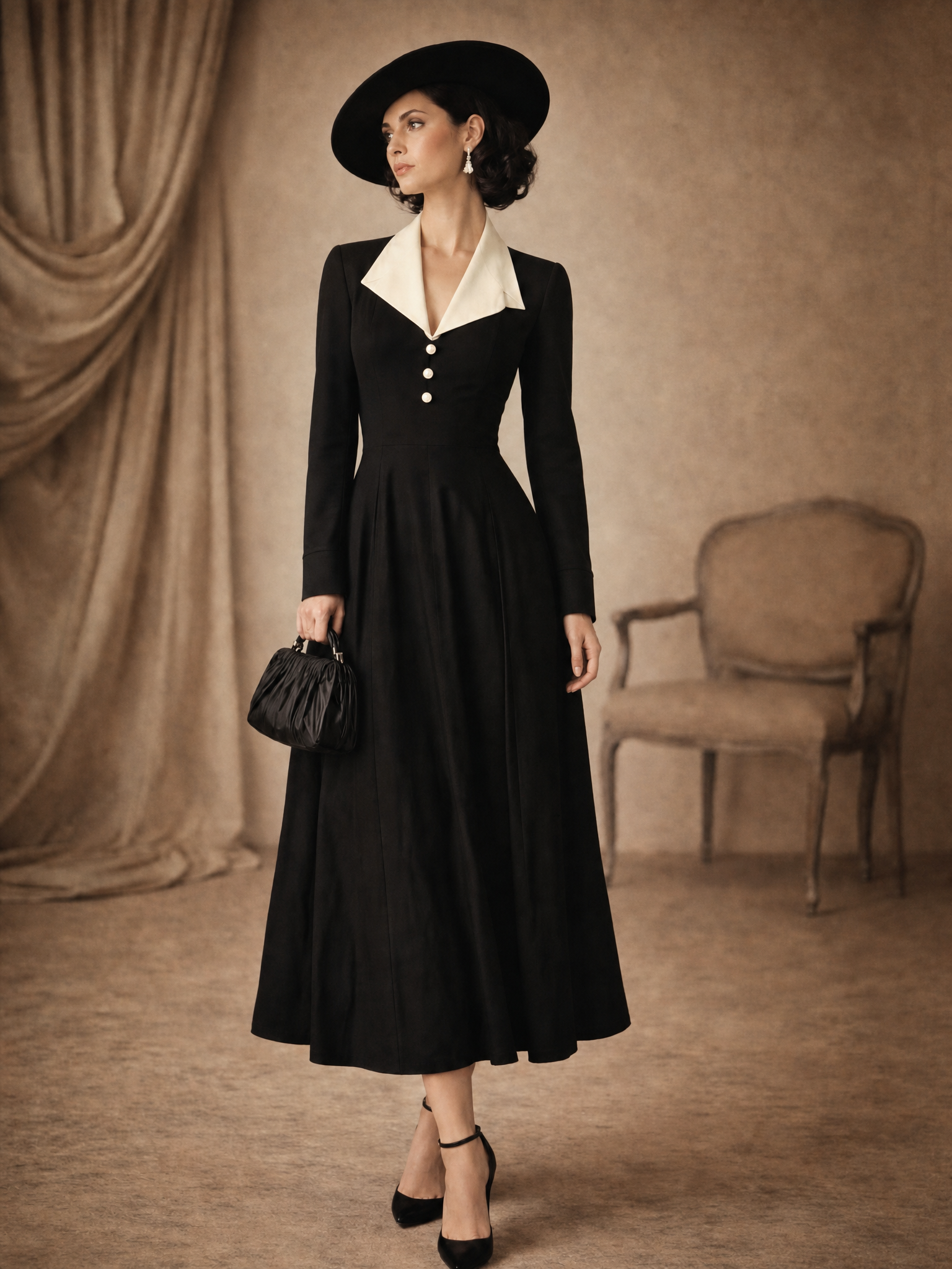 Vintage Contrast Collar Pearl Button Long Sleeve Fit & Flare Midi Dress