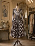 Vintage Plaid Lapel Collar Long Sleeve Fit & Flare Midi Dress