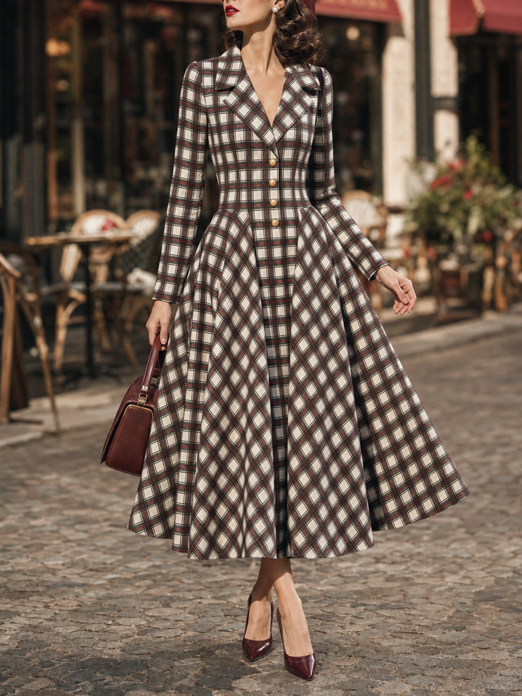 Vintage Plaid Lapel Collar Long Sleeve Fit & Flare Midi Dress