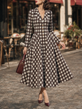 Vintage Plaid Lapel Collar Long Sleeve Fit & Flare Midi Dress