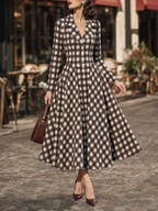 Vintage Plaid Lapel Collar Long Sleeve Fit & Flare Midi Dress