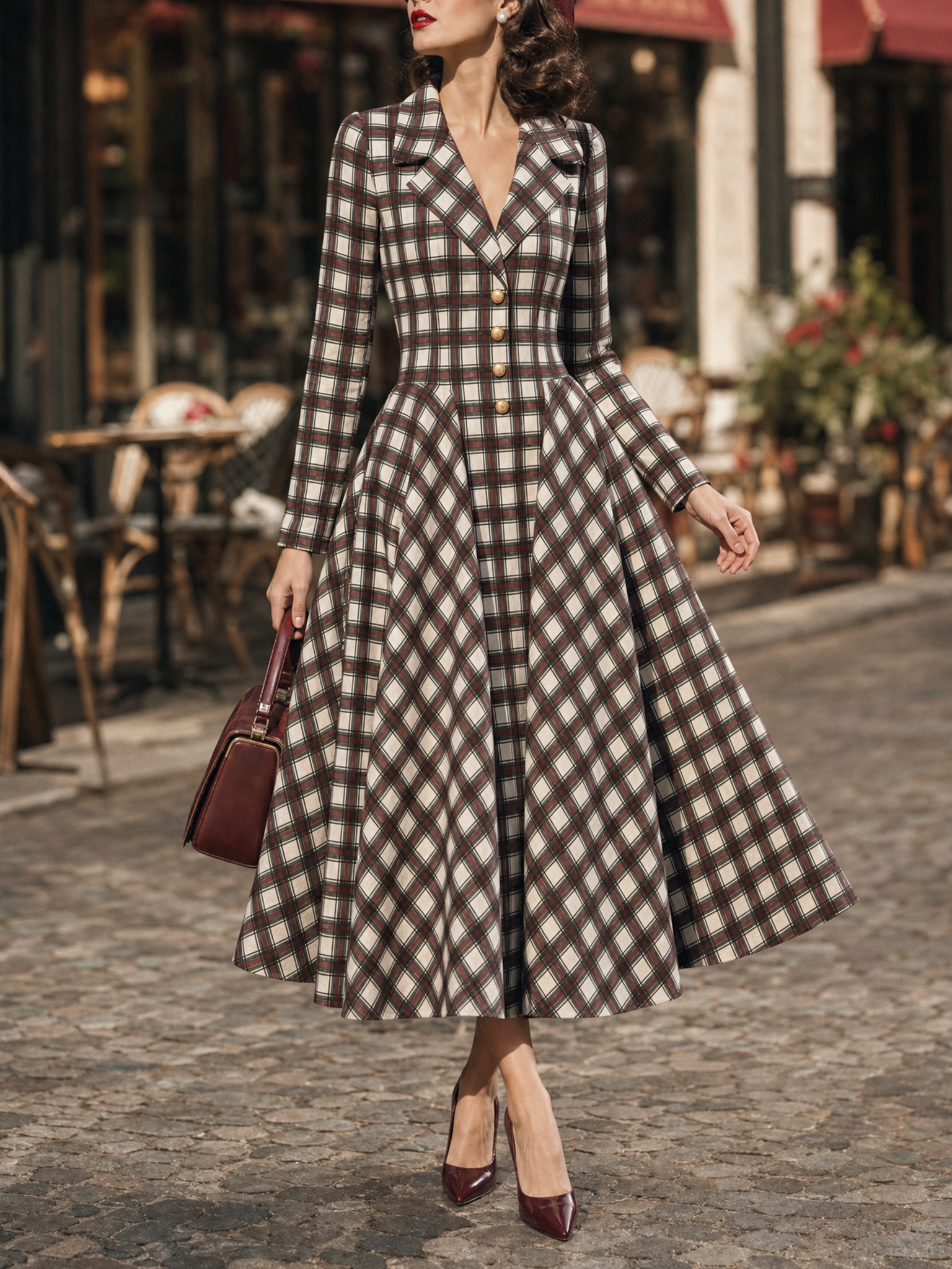 Vintage Plaid Lapel Collar Long Sleeve Fit & Flare Midi Dress