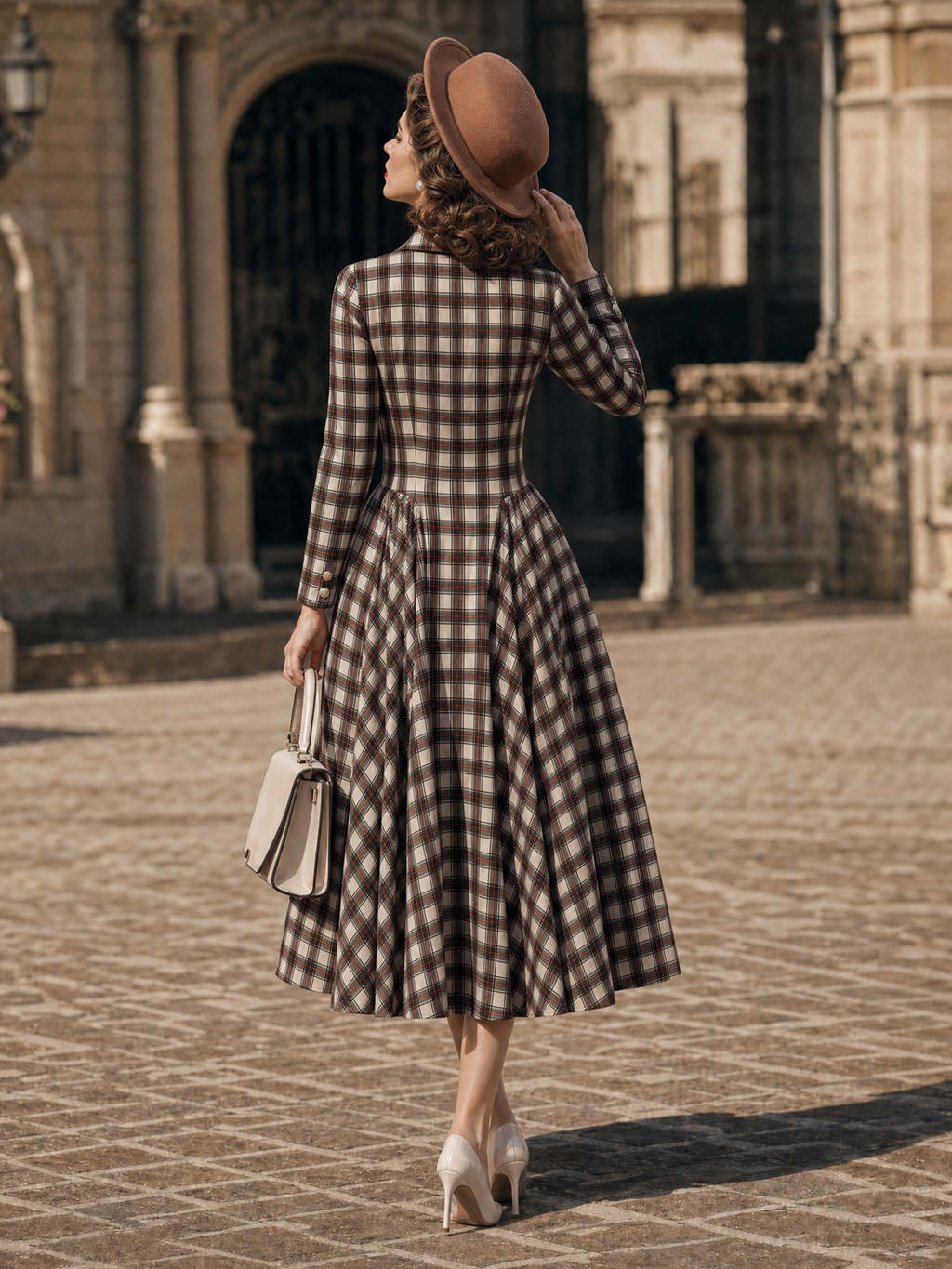 Vintage Plaid Lapel Collar Long Sleeve Fit & Flare Midi Dress