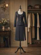 Vintage Square Neck Gold Button Jacket & Slit Pleated Midi Skirt Set