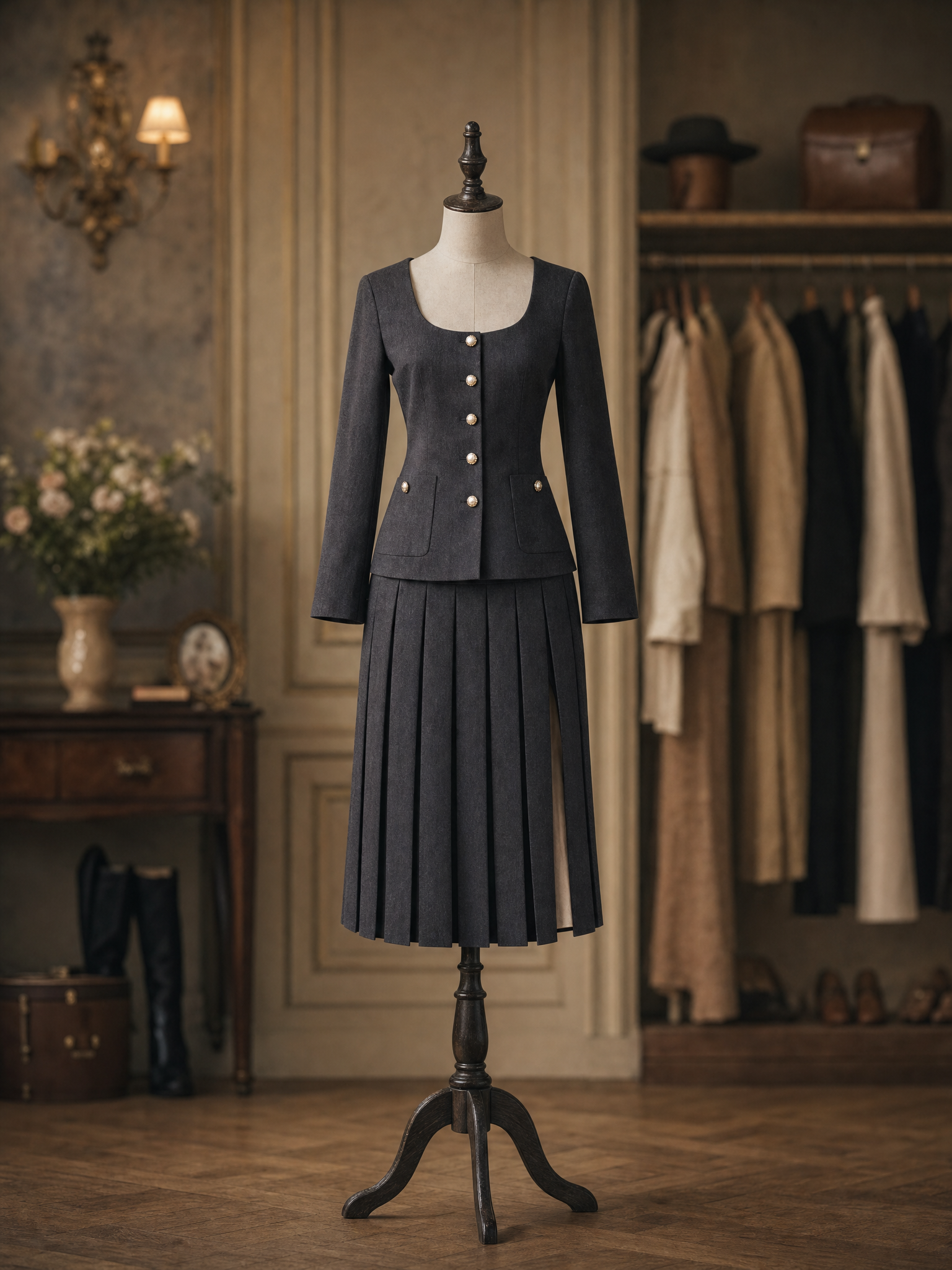 Vintage Square Neck Gold Button Jacket & Slit Pleated Midi Skirt Set