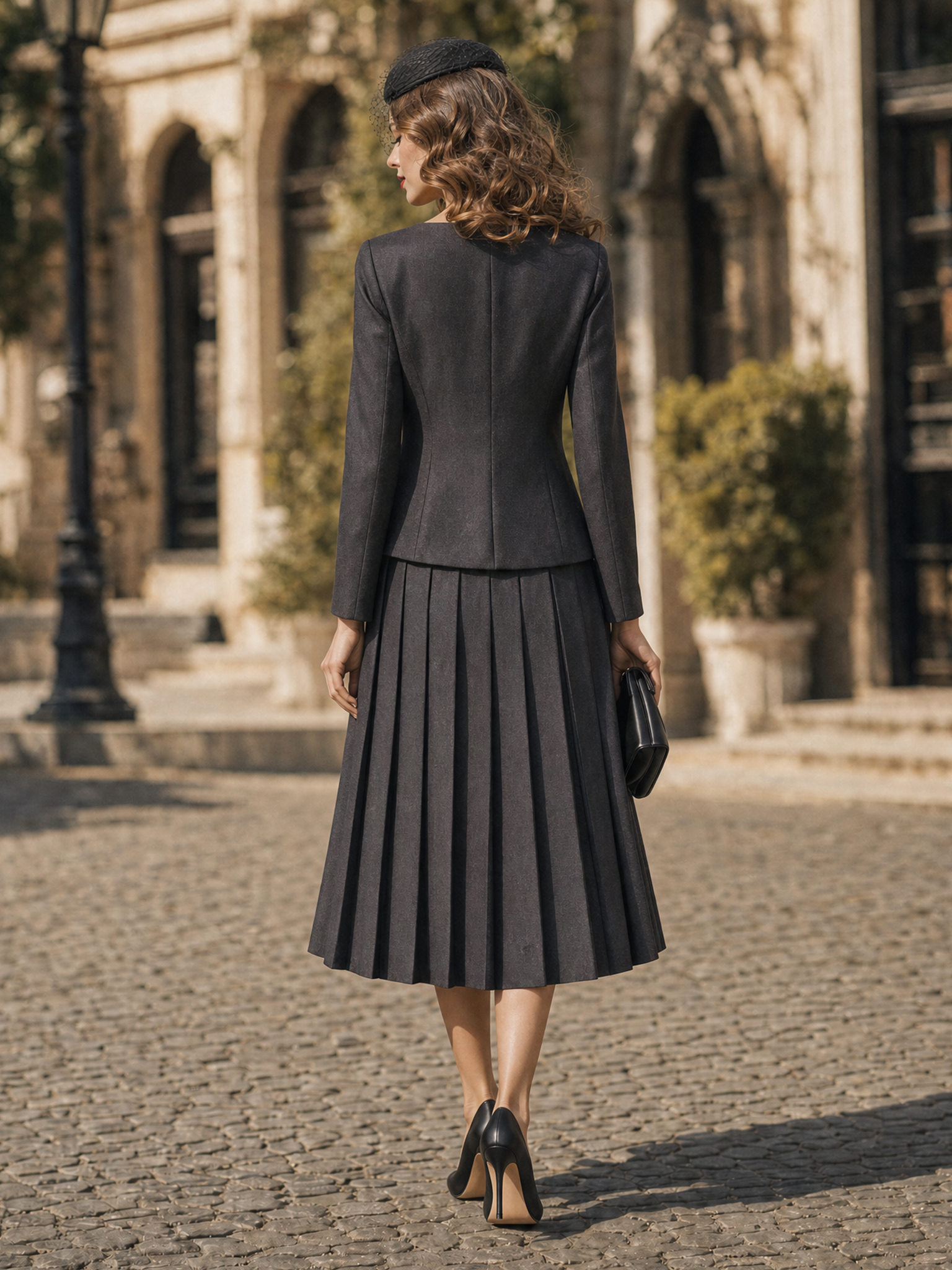 Vintage Square Neck Gold Button Jacket & Slit Pleated Midi Skirt Set