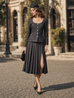 Vintage Square Neck Gold Button Jacket & Slit Pleated Midi Skirt Set