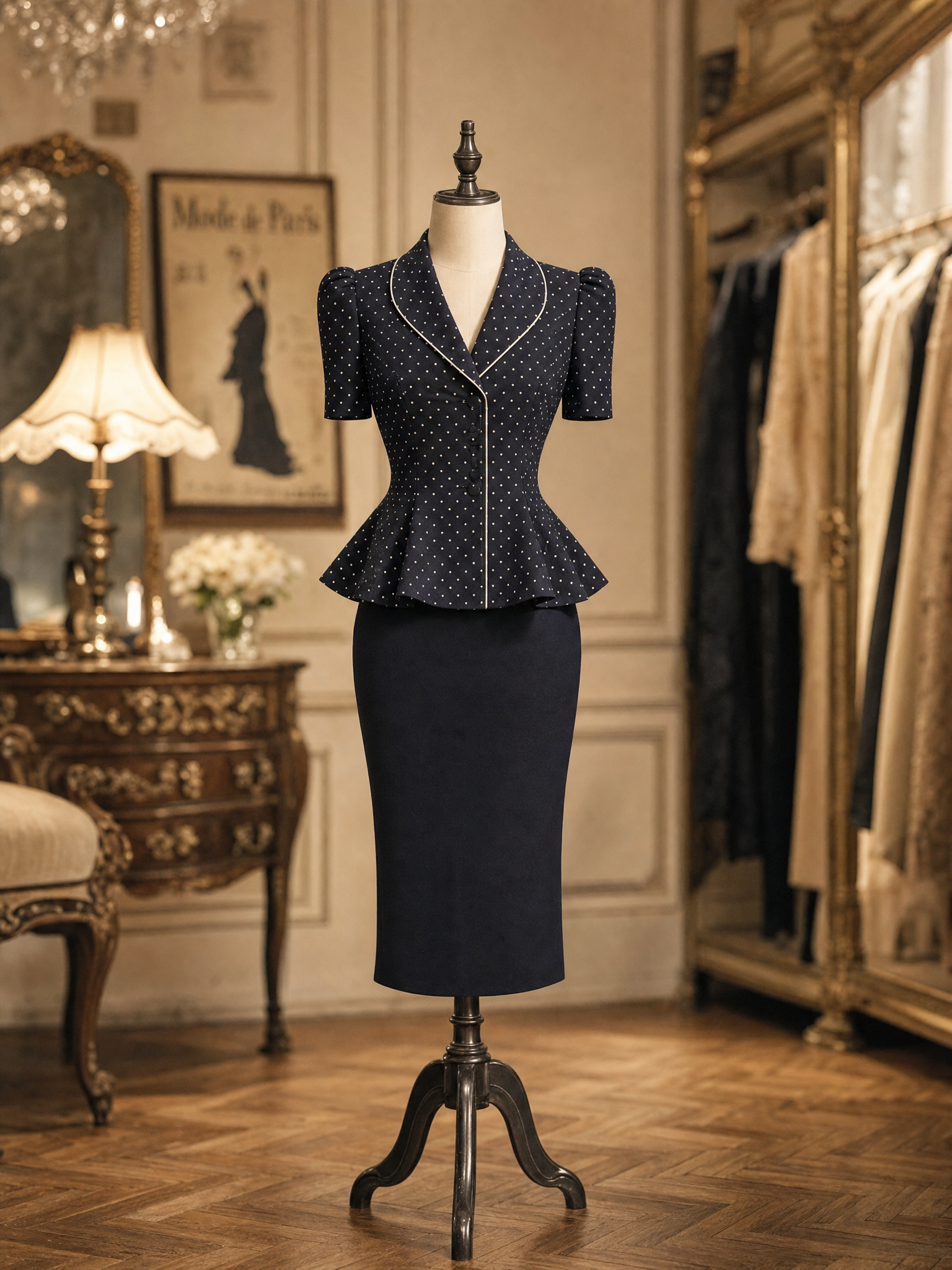 Vintage Commute Polka‑Dot Peplum Top & Pencil Midi Skirt Set