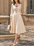 Vintage Cream Bow-Tie Button-Front A-Line Midi Dress