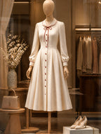 Vintage Cream Bow-Tie Button-Front A-Line Midi Dress