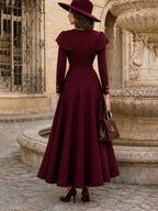 Vintage Burgundy Plaid Belted Long Sleeve Maxi Dress