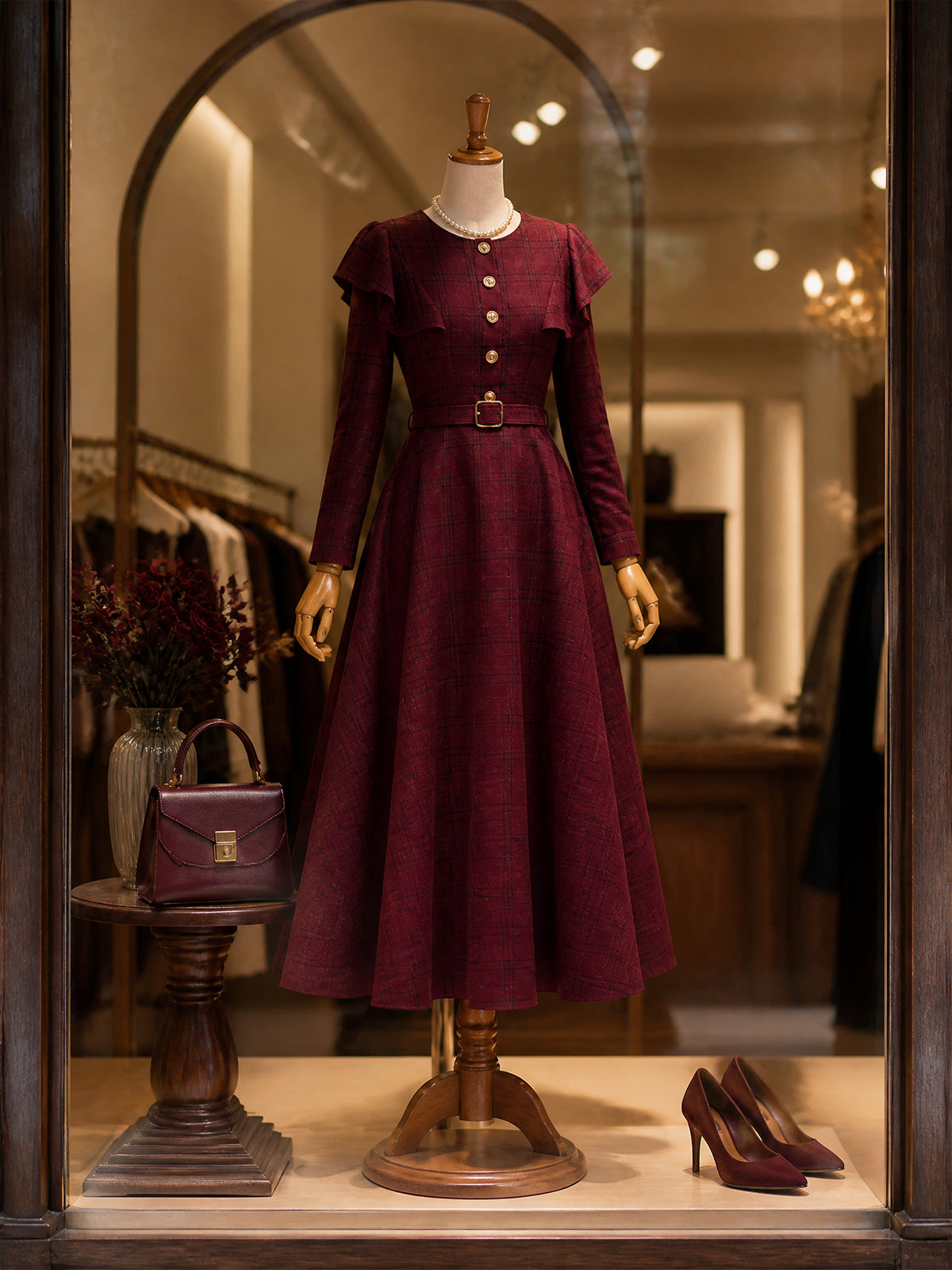 Vintage Burgundy Plaid Belted Long Sleeve Maxi Dress