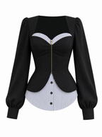 Vintage Striped Spliced Waist-cinching Long Sleeve Top