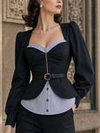 Vintage Striped Spliced Waist-cinching Long Sleeve Top