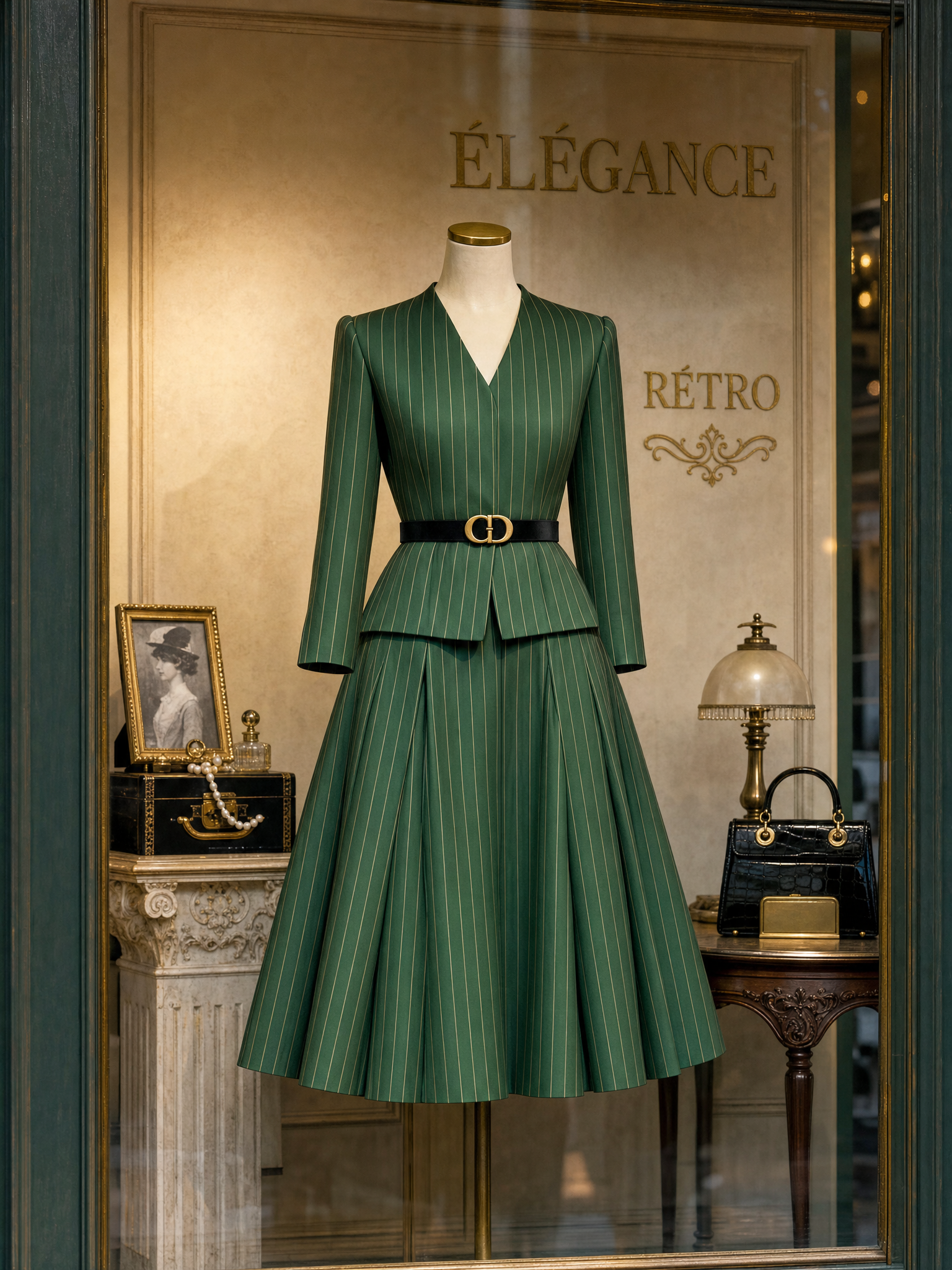 Vintage Striped V-Neck Blazer & Skirt Two-Piece Set