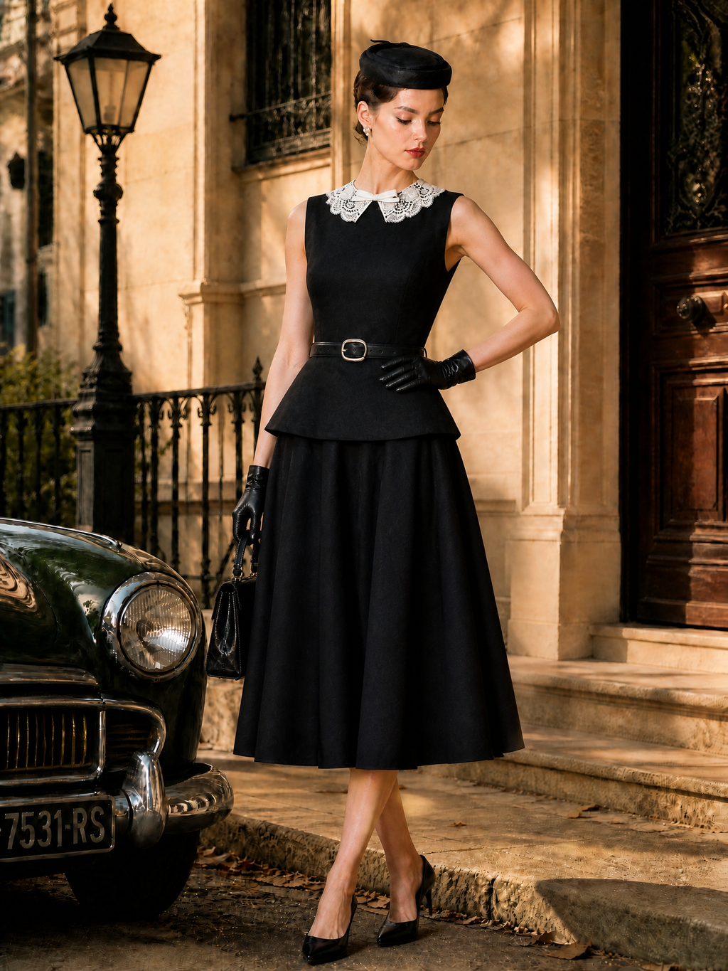 Vintage Black Lace-Collar Sleeveless Two-Piece Set