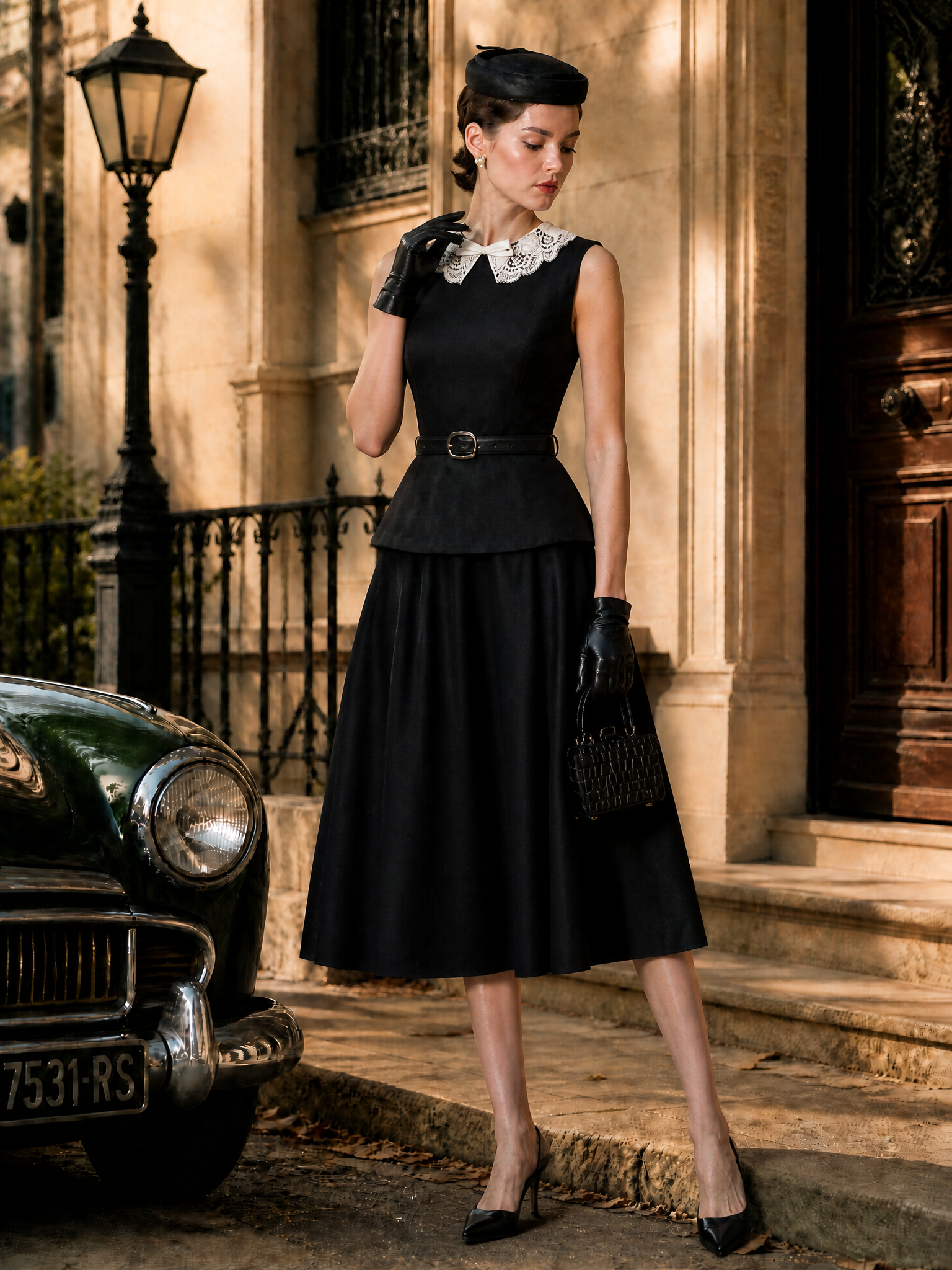Vintage Black Lace-Collar Sleeveless Two-Piece Set