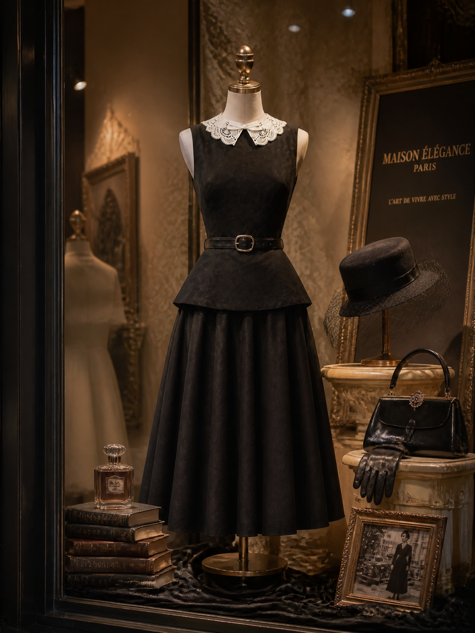 Vintage Black Lace-Collar Sleeveless Two-Piece Set