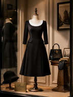Elegant Black Contrast White Scoop-Collar Midi Dress