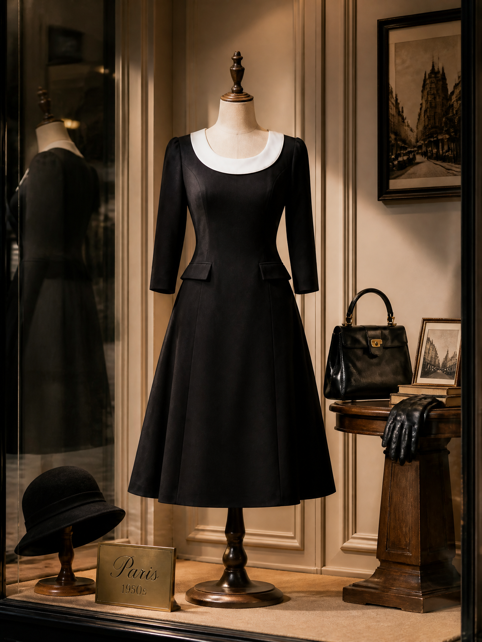 Elegant Black Contrast White Scoop-Collar Midi Dress