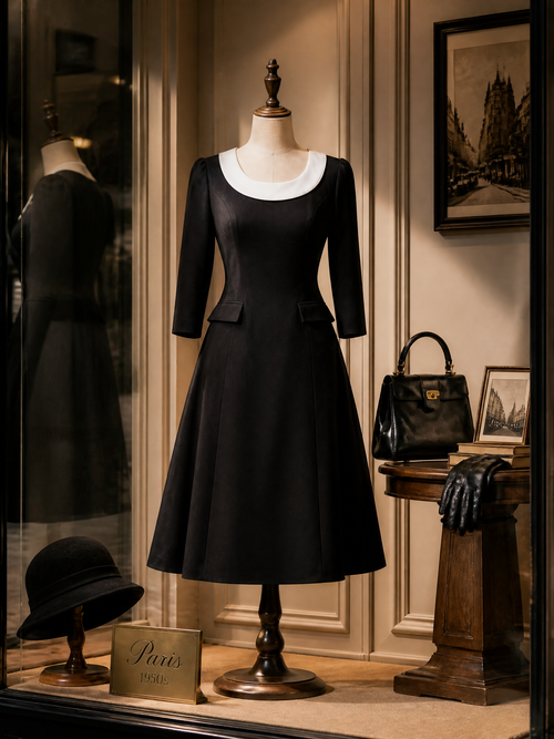 Elegant Black Contrast White Scoop-Collar Midi Dress
