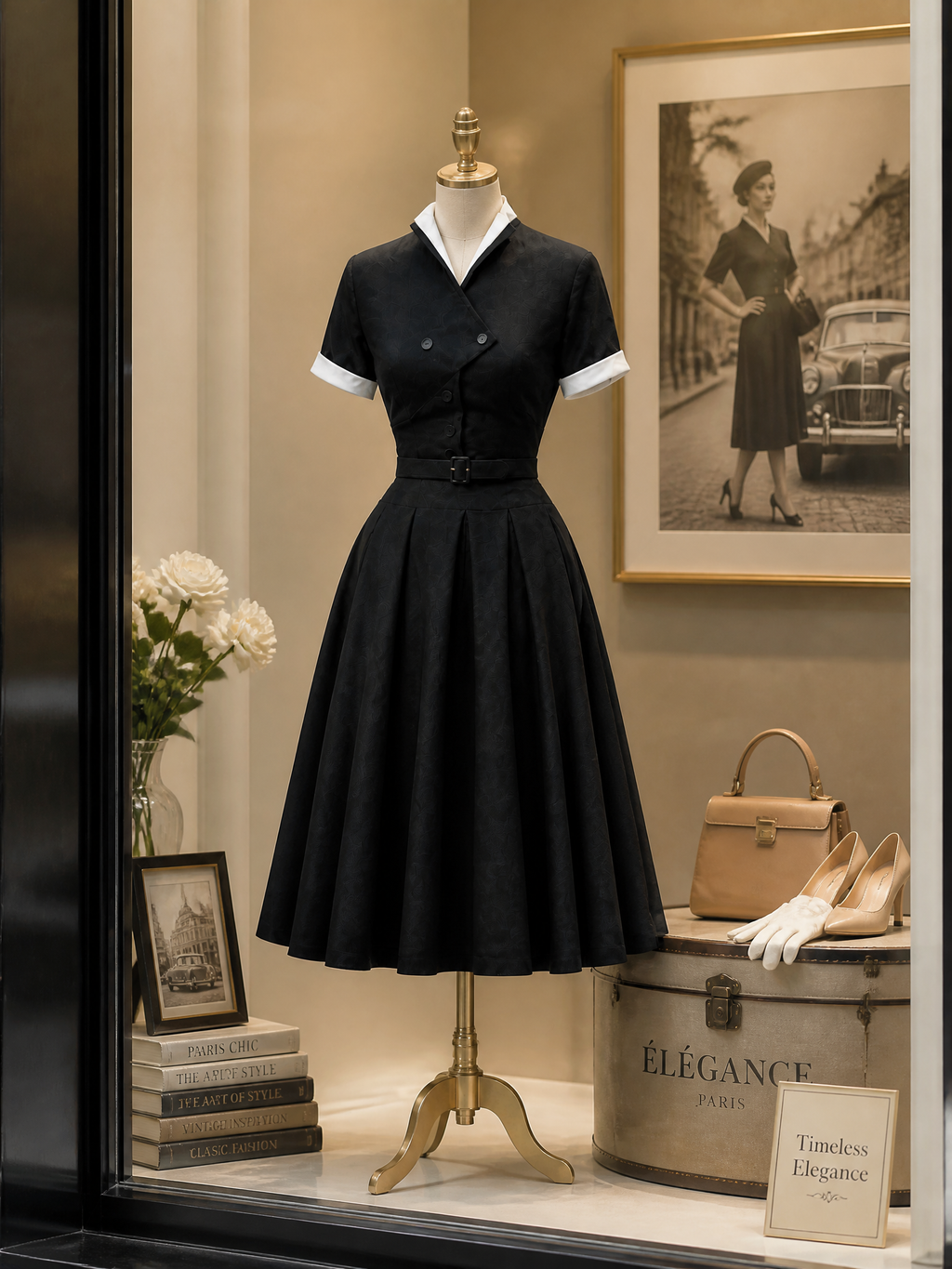 Vintage Black Contrast Double-Breasted Midi Dress