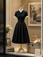 Vintage Black Contrast Double-Breasted Midi Dress