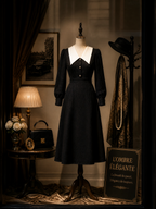 Vintage Contrast White Peter-Pan Collar Pearl-Button Midi Dress