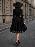 Vintage Black Polka Dot Bow Pearl-Button Midi Dress