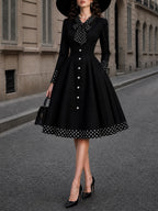 Vintage Black Polka Dot Bow Pearl-Button Midi Dress