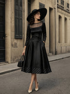Vintage Black Mesh-Yoke Satin A-Line Midi Dress
