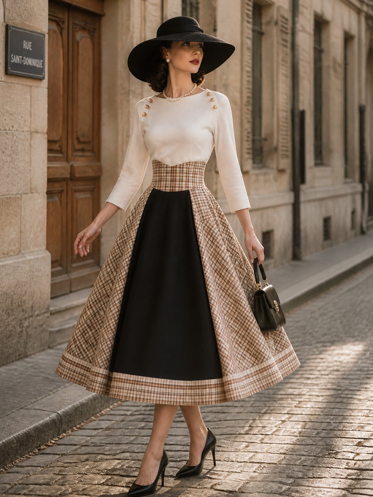 Vintage Cream Top & Plaid A-Line Skirt Set