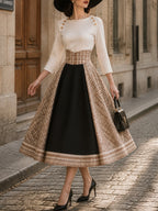 Vintage Cream Top & Plaid A-Line Skirt Set