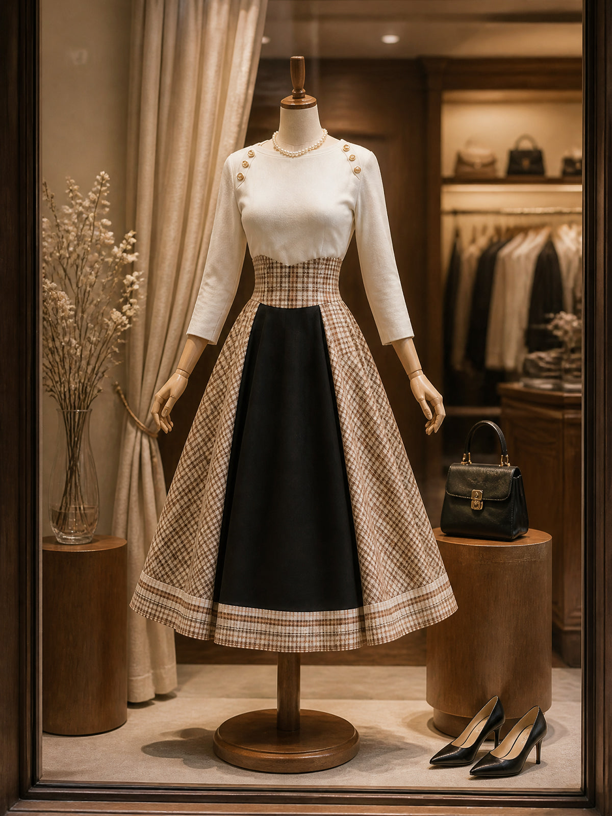 Vintage Cream Top & Plaid A-Line Skirt Set