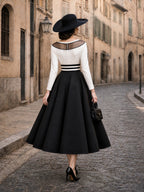 Vintage Ivory Mesh Top & Black A-Line Skirt Set