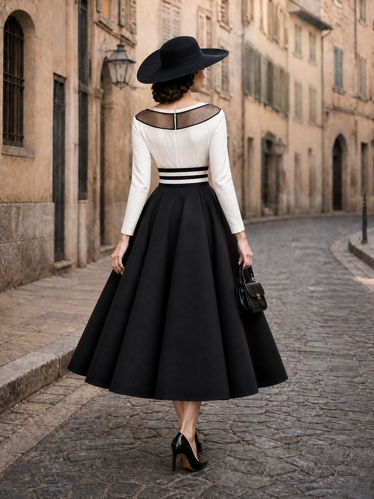 Vintage Ivory Mesh Top & Black A-Line Skirt Set