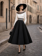 Vintage Ivory Mesh Top & Black A-Line Skirt Set