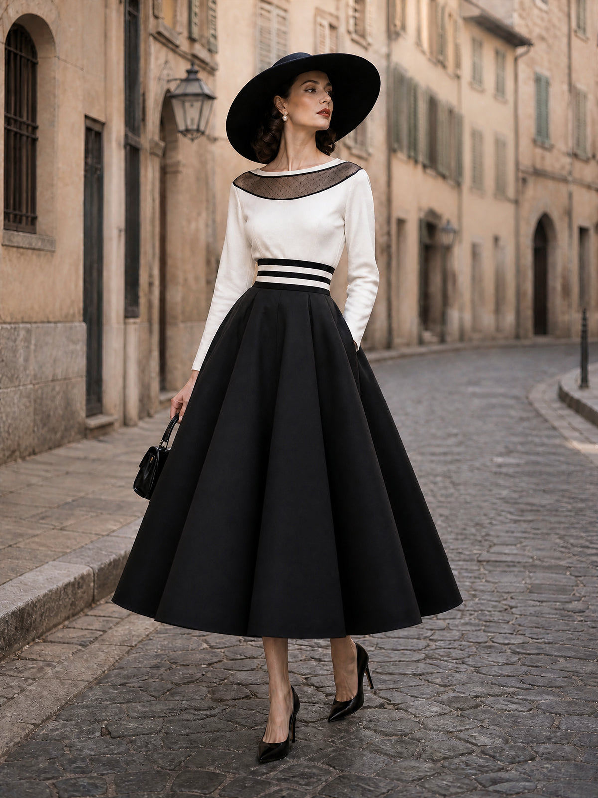 Vintage Ivory Mesh Top & Black A-Line Skirt Set