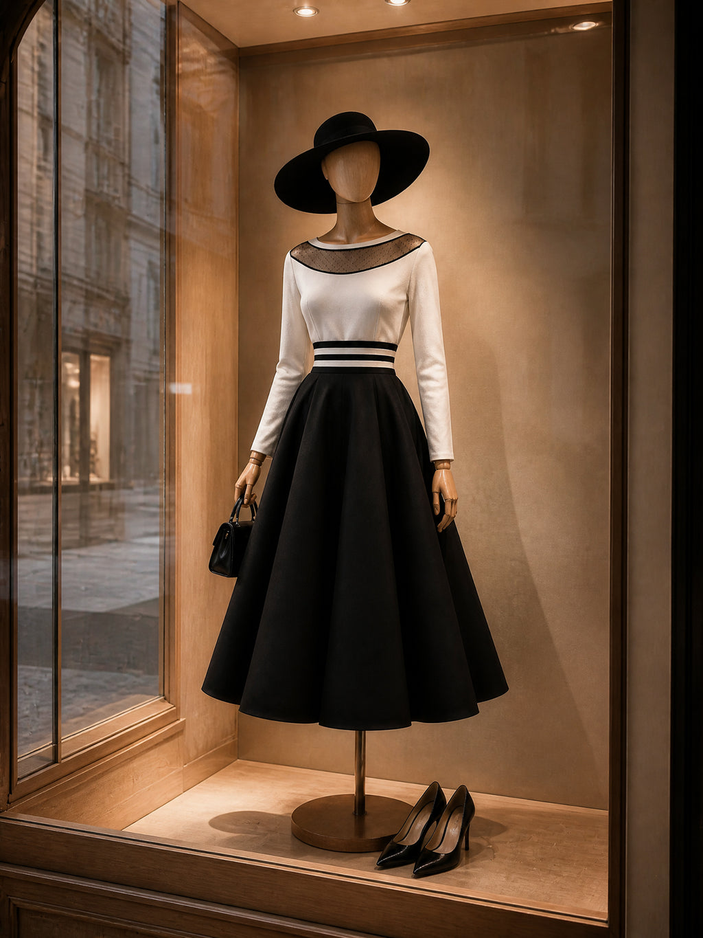 Vintage Ivory Mesh Top & Black A-Line Skirt Set