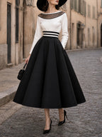 Vintage Ivory Mesh Top & Black A-Line Skirt Set