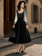 Vintage Black Polka Dot Sweetheart A-Line Midi Dress