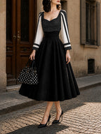 Vintage Black Polka Dot Sweetheart A-Line Midi Dress