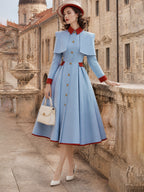 Vintage Blue Red-Trim Caped Button-Front Midi Dress